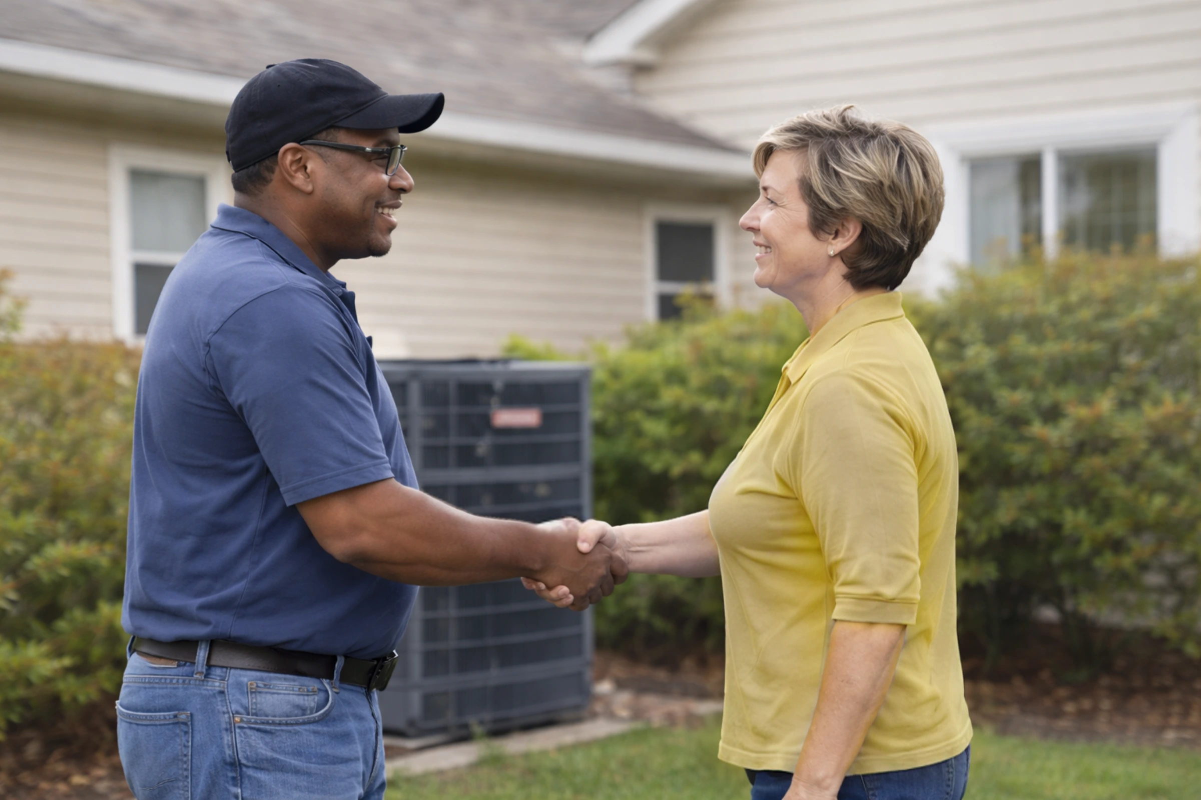 Empire Air Service technician discussing air conditioning financing options with a homeowner